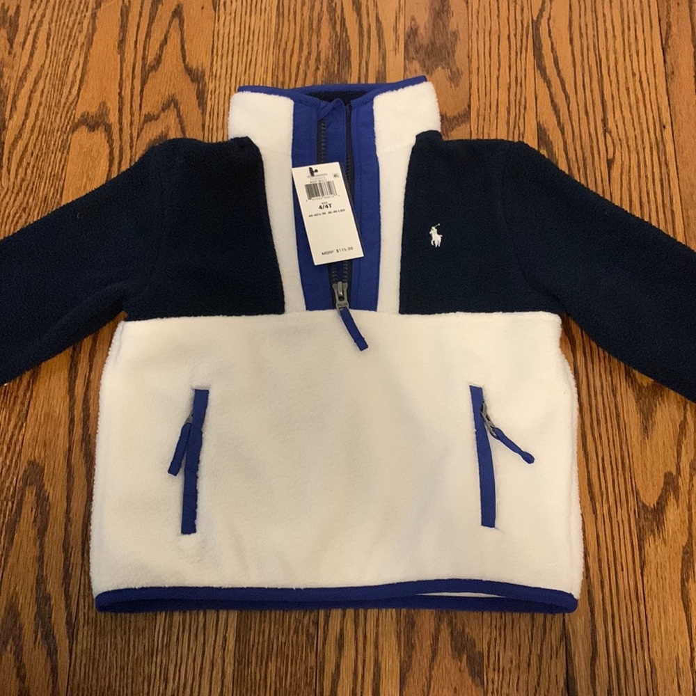 NWT Polo Ralph Lauren Fleece 1/2 Zip Pullover Navy and Cream Size 4t